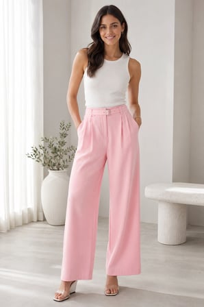 Kadın Çift Pile Detaylı Kemerli Örme Pantolon - Pembe