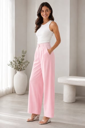 Kadın Çift Pile Detaylı Kemerli Örme Pantolon - Pembe