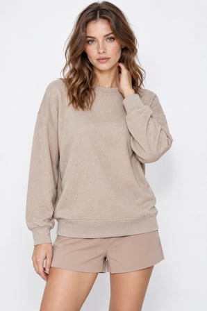 Yaldız Baskılı Zincirli ve Fularlı Kadın Oversize Modal Sweatshirt - Bej
