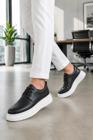 ornex Erkek Deri Görünümlü Bağcıklı Casual Sneaker Klasik Günlük Ayakkabı - Siyah Beyaz