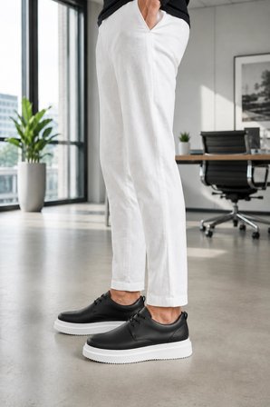 ornex Erkek Deri Görünümlü Bağcıklı Casual Sneaker Klasik Günlük Ayakkabı - Siyah Beyaz