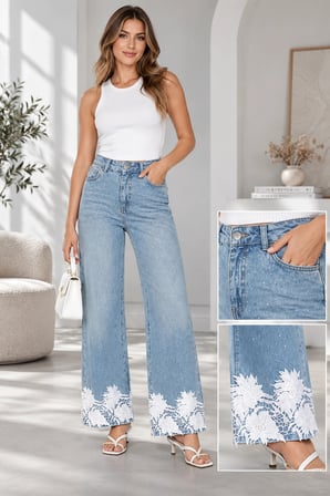 Kadın Taş İşlemeli Dantel Paça Denim Pantolon - Mavi