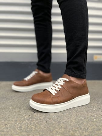 Tsoob Bağcıklı Cilt Erkek Günlük Rahat Taban Sneaker Ayakkabı - Taba Beyaz