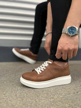 Tsoob Bağcıklı Cilt Erkek Günlük Rahat Taban Sneaker Ayakkabı - Taba Beyaz