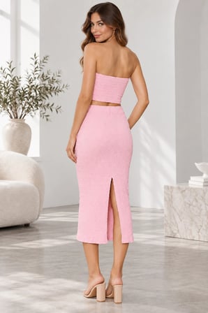 Kadın Bürümcük Kumaş Straplez Crop ve Midi Kalem Etek İkili Set - Pembe