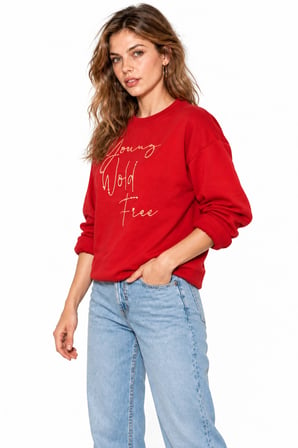 Kadın Parlak Taş Baskılı Salaş Kesim Üç İplik Sweatshirt - Kırmızı