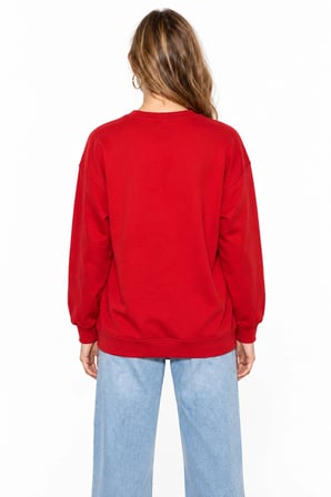 Kadın Parlak Taş Baskılı Salaş Kesim Üç İplik Sweatshirt - Kırmızı