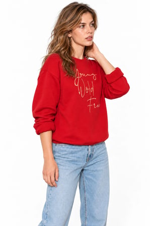 Kadın Parlak Taş Baskılı Salaş Kesim Üç İplik Sweatshirt - Kırmızı
