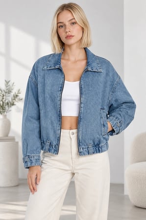 Kadın Fermuarlı Kemerli Oversize Denim Ceket - Beli Kemer Detaylı Kot Ceket - Mavi