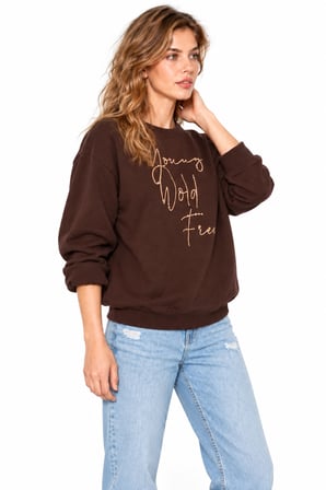 Kadın Parlak Taş Baskılı Salaş Kesim Üç İplik Sweatshirt  - Acı Kahve