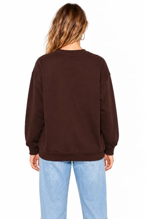 Kadın Parlak Taş Baskılı Salaş Kesim Üç İplik Sweatshirt  - Acı Kahve
