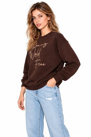 Kadın Parlak Taş Baskılı Salaş Kesim Üç İplik Sweatshirt  - Acı Kahve