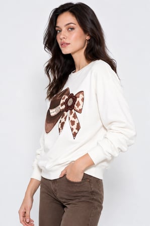 Kadın Taş İşlemeli Fiyonk Baskı Oversize Üç İplik Rahat Kesim Sweatshirt - Beyaz