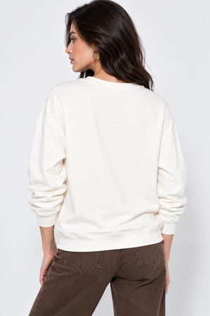Kadın Taş İşlemeli Fiyonk Baskı Oversize Üç İplik Rahat Kesim Sweatshirt - Beyaz
