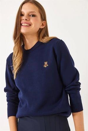 Kadın Peluş Teddy Ayıcık Nakışlı Bisiklet Yaka Basic Triko Kazak - Lacivert