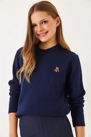 Kadın Peluş Teddy Ayıcık Nakışlı Bisiklet Yaka Basic Triko Kazak - Lacivert