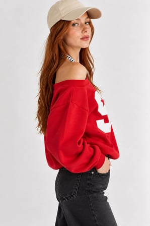 Kadın Lucky 96 Baskılı Kayık Yaka Çift Görünümlü Sweatshirt - Kırmızı
