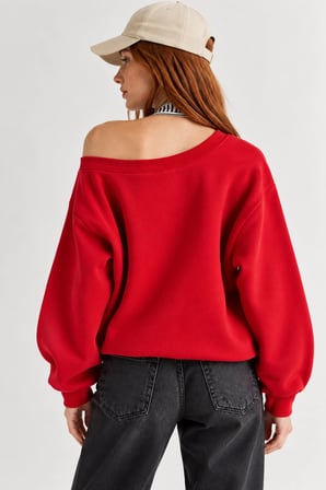 Kadın Lucky 96 Baskılı Kayık Yaka Çift Görünümlü Sweatshirt - Kırmızı