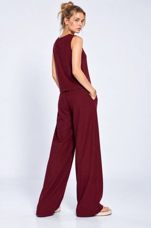 Kadın Yazlık Keten Bluz Pantolon İkili Takım - Bordo