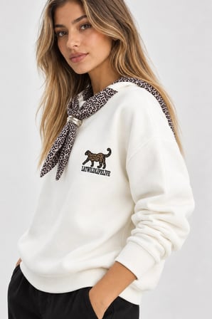 Bisiklet Yaka Nakışlı Kadın Sweatshirt - Üç İplik Şardonlu Oversize Şık Tasarım - Beyaz