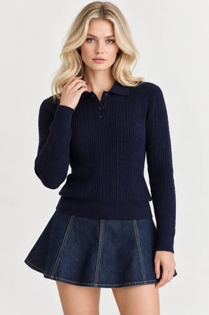 Kadın Polo Yaka Örgü Triko Kazak – Düğme Detaylı Regular Fit - Lacivert