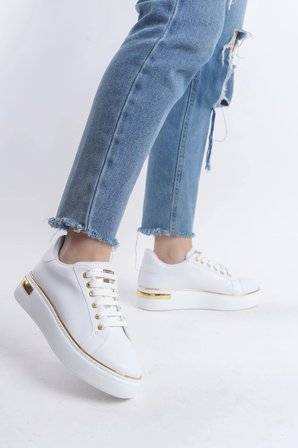 Elora Bağcıklı Konfor Taban Kadın Sneaker – Beyaz/Altın