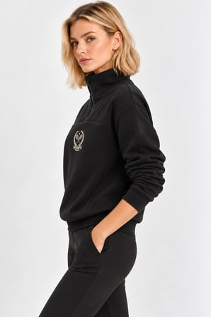 Kadın Sıcak Tutan Polarlı Yarım Fermuarlı Crop Sweatshirt- Siyah