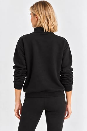 Kadın Sıcak Tutan Polarlı Yarım Fermuarlı Crop Sweatshirt- Siyah