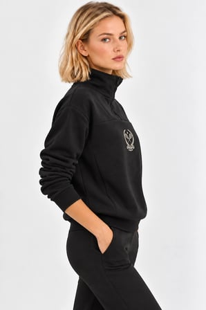 Kadın Sıcak Tutan Polarlı Yarım Fermuarlı Crop Sweatshirt- Siyah