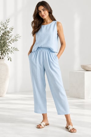 Beli Lastikli Modal Pantolon & Kalın Askılı Bluz Takımı - Bebe Mavi