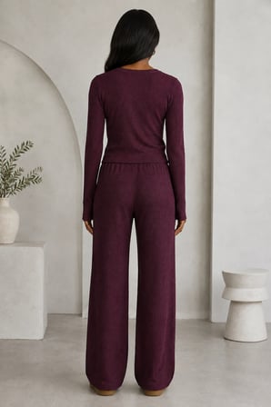 Kadın Beli Lastikli Bağcıklı Dokulu Bol Paça Rahat Kesim Pantolon – Mürdüm