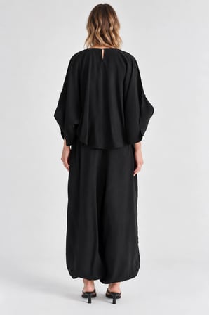 Rahat Kesim Modal Takım - Yarasa Kol Oversize Bluz ve Geniş Paça Şalvar Pantolon - Siyah