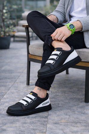 Mirox Erkek Bağcıksız 3 Bant Lastikli Günlük Sneaker Ayakkabı - Siyah Beyaz