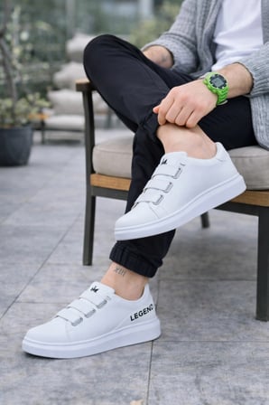 Egem Bağcıksız 3 Bantlı Lastikli Legend Cilt Erkek Günlük Sneaker Ayakkabı - Beyaz
