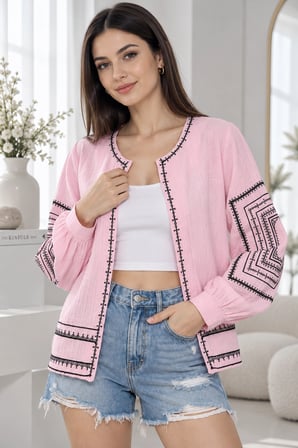 Kadın Nakış İşlemeli Müslin Kumaş Yazlık Ceket - Toz Pembe