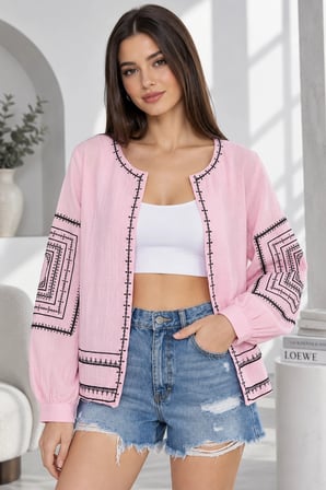 Kadın Nakış İşlemeli Müslin Kumaş Yazlık Ceket - Toz Pembe
