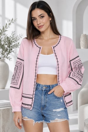 Kadın Nakış İşlemeli Müslin Kumaş Yazlık Ceket - Toz Pembe