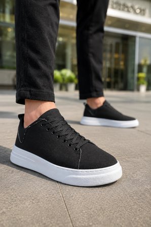 Ont Bağcıklı Keten Dokulu Hafif Taban Erkek Günlük Casual Sneaker Ayakkabı - Siyah Beyaz