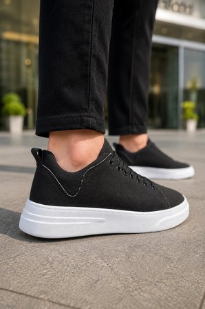 Ont Bağcıklı Keten Dokulu Hafif Taban Erkek Günlük Casual Sneaker Ayakkabı - Siyah Beyaz