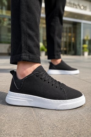 Ont Bağcıklı Keten Dokulu Hafif Taban Erkek Günlük Casual Sneaker Ayakkabı - Siyah Beyaz