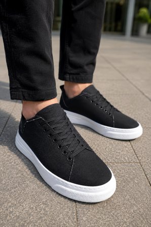 Ont Bağcıklı Keten Dokulu Hafif Taban Erkek Günlük Casual Sneaker Ayakkabı - Siyah Beyaz