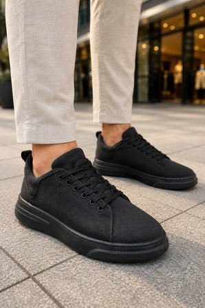 Ont Bağcıklı Keten Dokulu Hafif Taban Erkek Günlük Casual Sneaker Ayakkabı - Siyah
