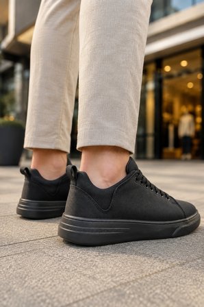 Ont Bağcıklı Keten Dokulu Hafif Taban Erkek Günlük Casual Sneaker Ayakkabı - Siyah