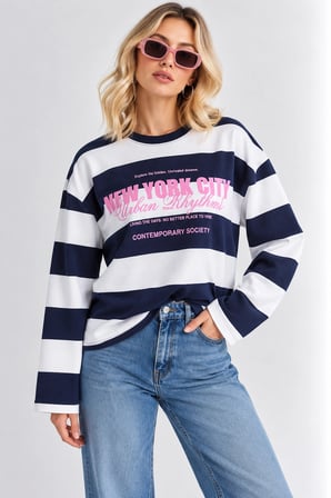 Kadın Oversize Çizgili New York Baskılı Sweatshir - Beyaz-Lacivert