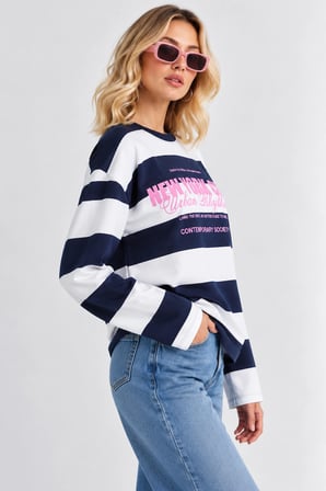 Kadın Oversize Çizgili New York Baskılı Sweatshir - Beyaz-Lacivert