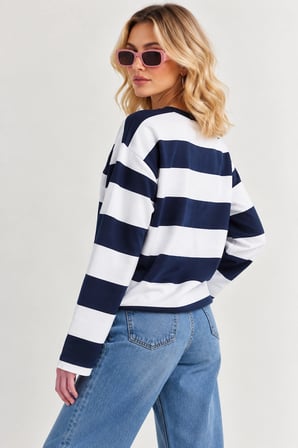 Kadın Oversize Çizgili New York Baskılı Sweatshir - Beyaz-Lacivert