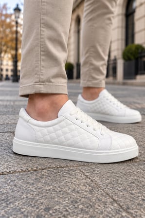 Egitserp Bağcıklı Cilt Kapitone Desenli Erkek Günlük Sneaker Ayakkabı - Beyaz