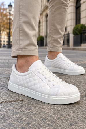 Egitserp Bağcıklı Cilt Kapitone Desenli Erkek Günlük Sneaker Ayakkabı - Beyaz