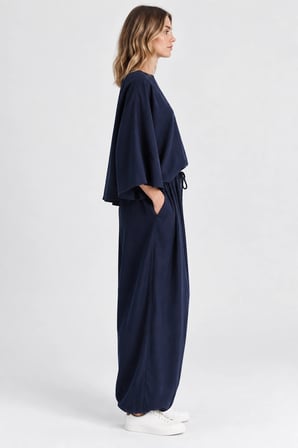 Rahat Kesim Modal Takım - Yarasa Kol Oversize Bluz ve Geniş Paça Şalvar Pantolon - Lacivert