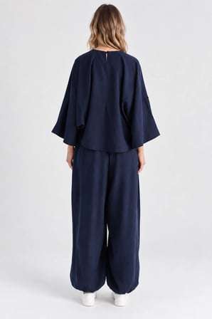 Rahat Kesim Modal Takım - Yarasa Kol Oversize Bluz ve Geniş Paça Şalvar Pantolon - Lacivert
